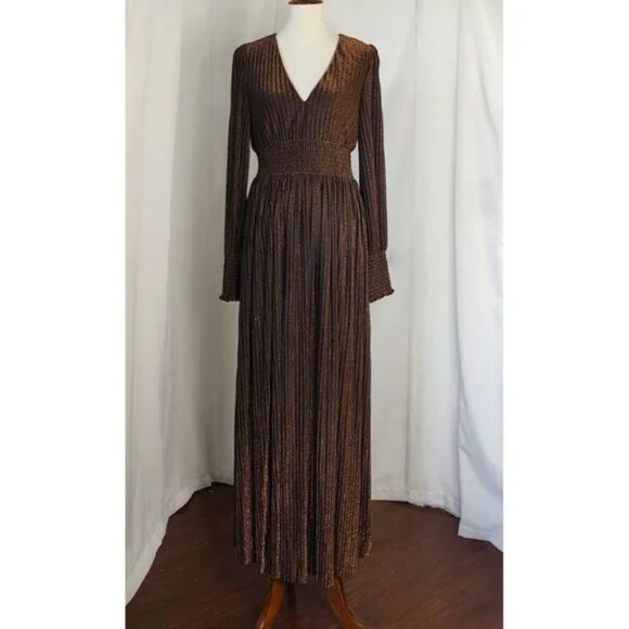 Boden Metallic Pleated V Neck Jersey Maxi Dress Holiday Copper Gold Trendy - Picture 2 of 16